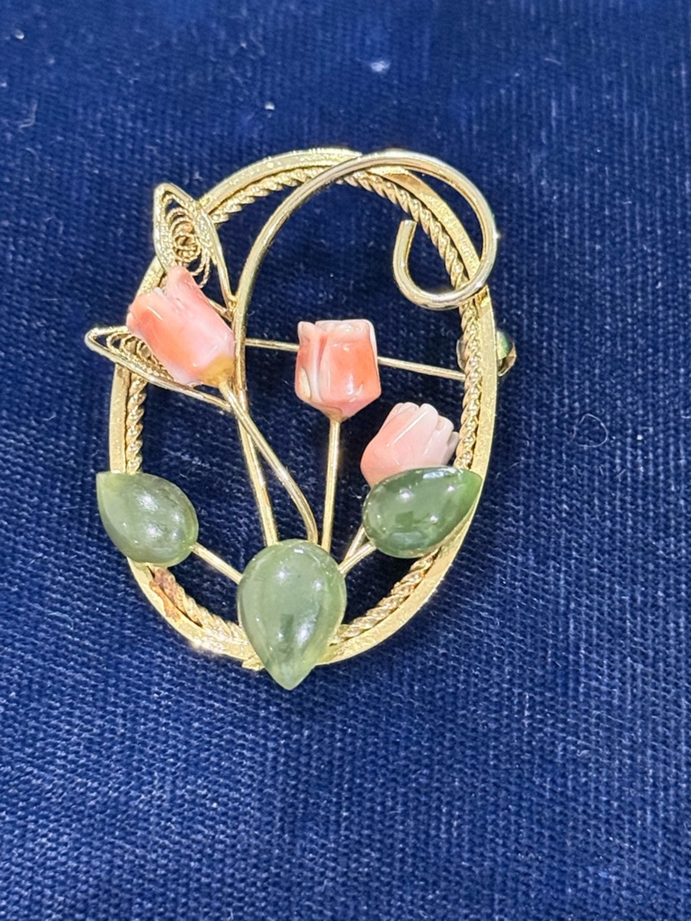 Vintage Floral Gold-Tone Brooch with Pink Roses and Green Leaves
